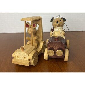 Vintage Wooden Bear & Mouse Figurines On Wheels Christmas Ornaments